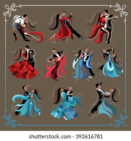 Set (kit) of dancing men and women (waltz and tango). Suitable for invitation, flyer, sticker, poster, banner, card,label, cover, web. Vector illustration.