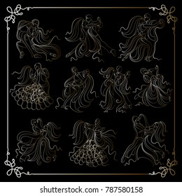 Set (kit) of dancing men and women (waltz and tango). Suitable for invitation, flyer, sticker, poster, banner, card, label, cover, web. Vector illustration.