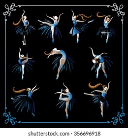 Set (kit, group) of young dancers (ballerinas). Suitable for invitation, flyer, sticker, poster, banner, card,label, cover, web. Vector illustration.