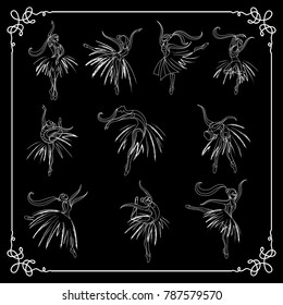  Set (kit, group) of young dancers (ballerinas). Suitable for invitation, flyer, sticker, poster, banner, card, label, cover. Black and white. Vector illustration.