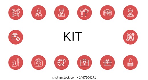 Set of kit icons such as Drum set, Doctor, Tools, First aid kit, Tool, Paint palette, Toolbox, Hair brush , kit