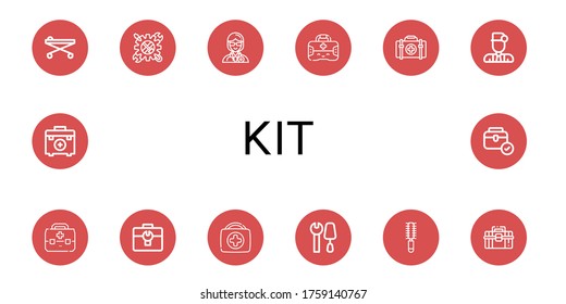Set of kit icons. Such as Stretcher, Tool, Doctor, First aid kit, Toolbox, Tools, Hair brush , kit icons