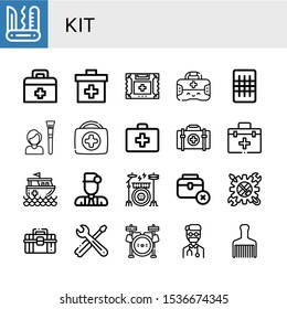 Set of kit icons. Such as Swiss army knife, First aid kit, Gauze, Tool, Rescue boat, Doctor, Drum kit, Toolbox, Tools, Drum set, Hair brush , icons