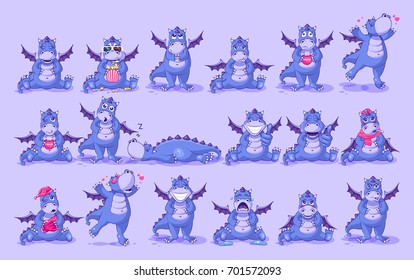 Set kit vector Illustrations isolated Emoji character cartoon dragon dinosaur stickers emoticons with different emotions for site, info graphics, video, animation, website, newsletter, reports, comics