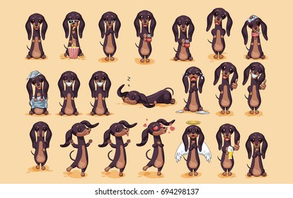 Set kit vector stock illustration emojis of cartoon character dog talisman, phylactery hound, mascot pooch, bowwow dachshund stickers emoticons German badger-dog with different emotions design element