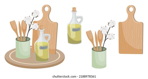 A set of kitchen accessories. A cutting board, a set of kitchen accessories, a bottle of oil, a sprig of cotton.