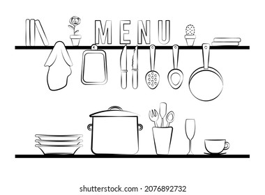 Set of kitchen accessories decorated with a flower in a pot and books.