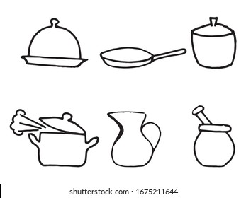 Set of kitchen accessories in doodle style isolated on white background