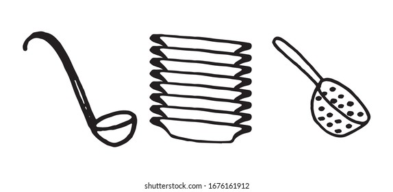 Set of kitchen accessories in doodle style isolated on white background