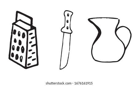 Conjunto de accesorios de cocina en forma de doodle aislados en fondo blanco