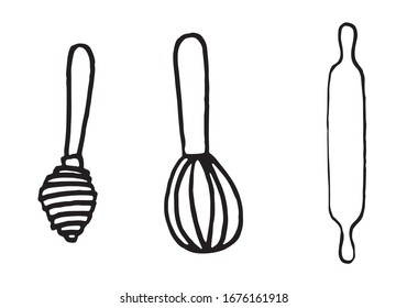 Conjunto de accesorios de cocina en forma de doodle aislados en fondo blanco