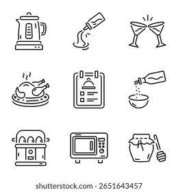 Set of Kitchen Accessories Doodle Style Icons 