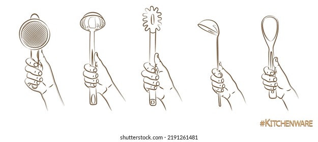 Set of kitchen accessories. Hand holding sieve or tea strainer, utensils for sifting, ladle for soup, spaghetti spoon, long wooden spoon. Use for menu design, recipes, and kitchen goods. Sketch