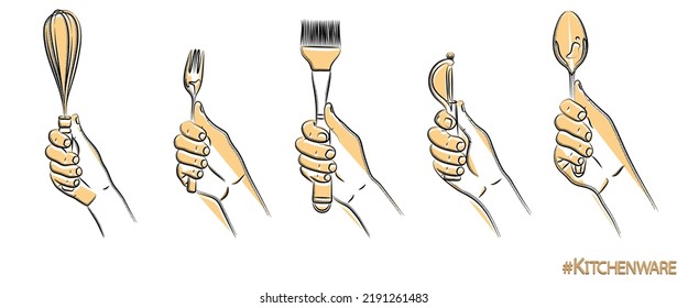 Set of kitchen accessories. Hand holds whisk, silicone cooking brush, fork, spoon, vertical peeler for vegetables and fruits. Use for menu design, recipes, and kitchen goods. Sketch, linear drawing