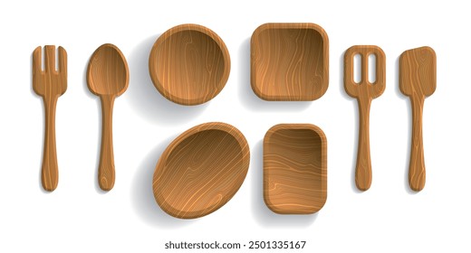 A set of kitchen accessories made of natural wood: spoon, fork, spatula, plate round, square, rectangular, oval. Top view, vector illustration