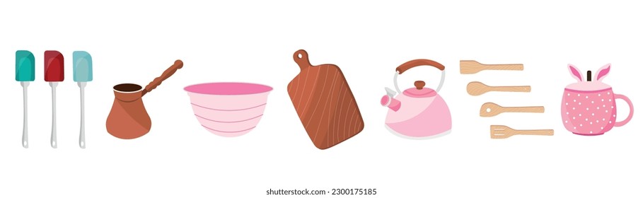 Set von Küchenzubehör auf weißem Hintergrund