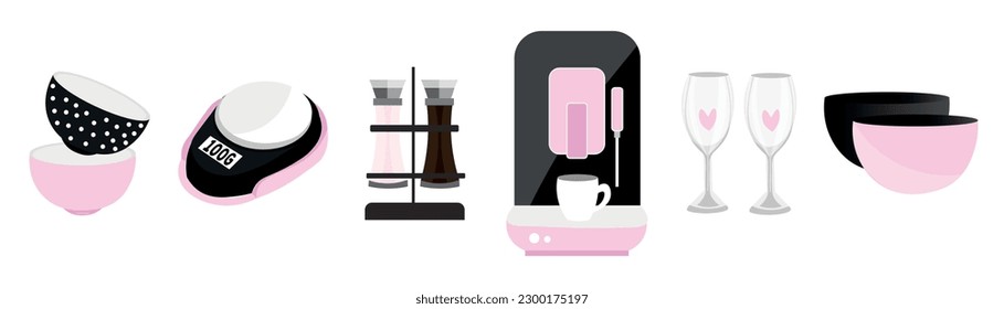 Set of kitchen accessories on white background