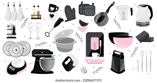 Conjunto de accesorios de cocina sobre fondo blanco