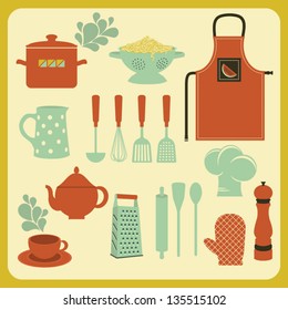 Set of Kitchen Accessories and Utensils, including oven mitt, apron, colander and grater