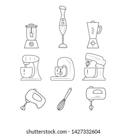 Set of kitchen accessories - whisk, mixer, blender. Black and white icons.  Vector illustration.