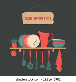 Set of kitchen accessory on shelves and Bon Appetit sign on dark background. Vector kitchen tools. Kitchen shelves. Household utensil and cutlery, crockery. Cooking equipment, food preparation theme