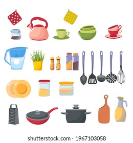 Set of kitchen accessory on shelves. Vector kitchen tools. Household utensil and cutlery, crockery. Cooking equipment and food preparation theme. Kitchen shelf with kitchenware and utensil