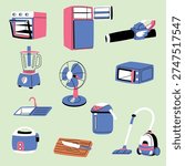 set of kitchen appliance, home appliance, blue and pink oven, refrigerator, leaf blower, blender, desk fan, microwave, kitchen sink, electric kettle, rice cooker, wooden cutting board and knife, vacuum cleaner illustration