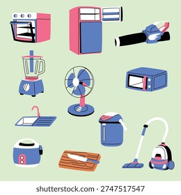 set of kitchen appliance, home appliance, blue and pink oven, refrigerator, leaf blower, blender, desk fan, microwave, kitchen sink, electric kettle, rice cooker, wooden cutting board and knife, vacuum cleaner illustration