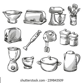 Set of kitchen appliance. Household utensils.  hand drawn. Vector illustraton. 