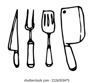 un conjunto de aparatos de cocina para barbacoa. Cuchillo, tenedor de dos puntas, cuchilla, ícono de espátula de cocina dibujado en estilo doodle, contorno aislado negro para el diseño. Vector un conjunto de iconos para la herramienta de paro