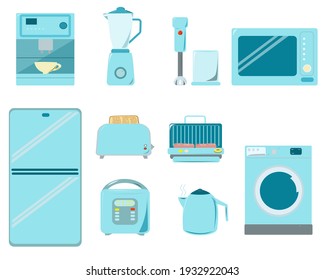 A set of kitchen appliances in blue tones