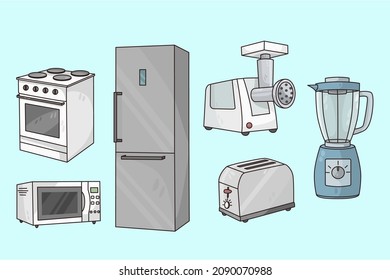 Set of kitchen appliances. Collection of electronic household technique items. Fridge, toaster and microwave for cooking at home. Good quality electronics for everyday use. Flat vector illustration. 