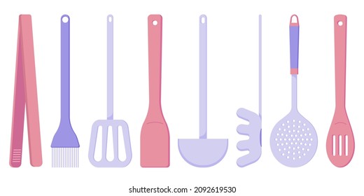 Aparatos de cocina para cocinar, cuchara, espátula, espátula de madera, cuchara, toques de cocina, parrilla, cuchara de espagueti, ilustración de estilo plano. Ilustración del vector