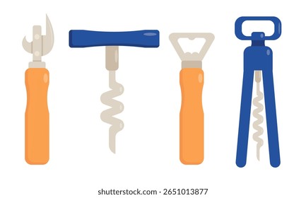 Conjunto de aparelhos de cozinha, dispositivos em estilo cartoon.Vetor ilustração de utensílios de cozinha com alças de madeira, aço: abridor de latas, saca-rolhas, descascador de batatas, abridor de vinhos, isolado no fundo branco.