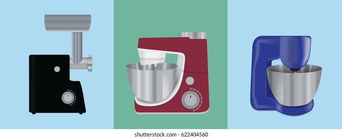 Set of Kitchen appliances. Electric mixer, meat mincer, food processor. Vector Illustration. EPS10
