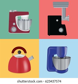 Set of Kitchen appliances. Electric mixer, meat mincer, food processor, kettle. Vector Illustration. EPS10