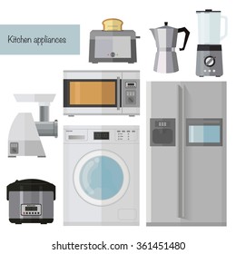 Set of kitchen appliances flat icons with a washing machine, fridge,microwave, kettle coffee machine,toaster,mincer,blender,Multicooker