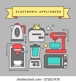 Set of kitchen appliances flat icons with microwave, electric kettle, coffee machine and toaster, blender, food processor.