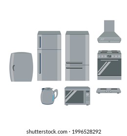Set of kitchen appliances fridge, kettle, stove, extractor hood, microwave on a white isolated background. The style of the drawing is flat, cartoon.