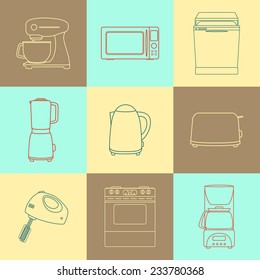 Set of kitchen appliances icons. Cook tools collection made in vector in retro style. Logos, badges and design elements. Cool vintage colors. 