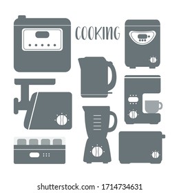 Set of kitchen appliances icons. Kitchen domestic electrical equipment. Flat vector illustrations. Isolated cooking icons.