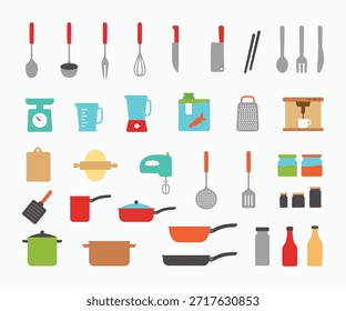 Set von Küchengeräten Icons in flachen Farben Stil. Küchenhaushalte und Besteck Symbol Logo Symbol Zeichen Sammlungen