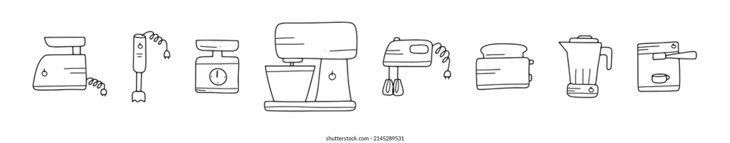 Set kitchen appliances icons. Hand-drawn doodle style. Simple drawing