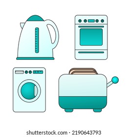 A set of kitchen appliances. Kettle, washing machine, toaster, electric stove