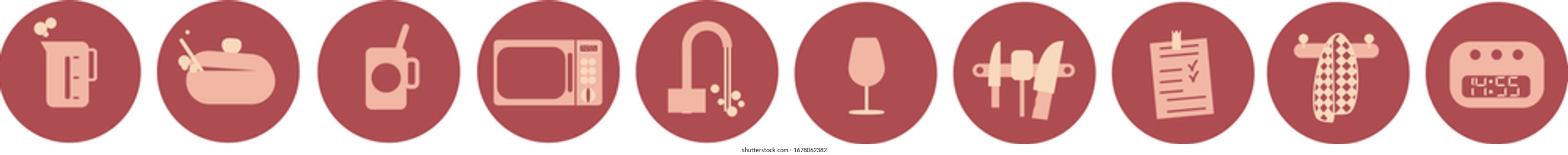 Set of kitchen appliances and kitchenware icons. Such as a kettle, pot, mug, microwave, mixer, wine glass, glass, knife set, note, towel and clock.