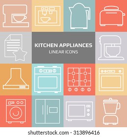 Set of kitchen appliances linear icons.