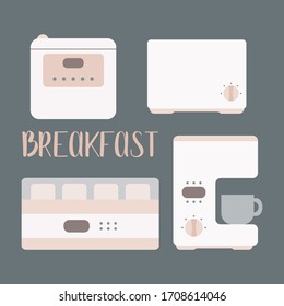 Set of kitchen appliances for making breakfast. Kitchen domestic electrical equipment. Flat vector illustrations. Isolated cooking icons.