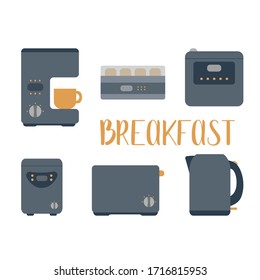 Set of kitchen appliances for making breakfast: coffee machine, yogurt maker, toaster, steamer, bread maker, kettle. Domestic electrical equipment. Flat vector illustrations. Isolated cooking icons