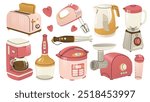 Set of kitchen appliances. Modern cooking. Devices for preparing semi-finished products and cooking. Equipment for a modern home. Vector illustration isolated on a transparent background.