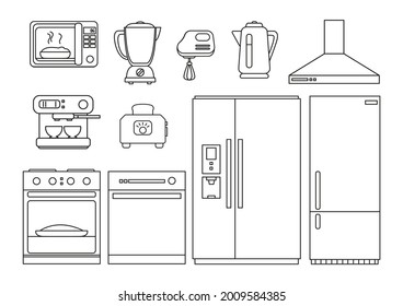 Set of kitchen appliances online. refrigerator, oven, toaster, mixer and other appliances in the kitchen. Vector isolate line.